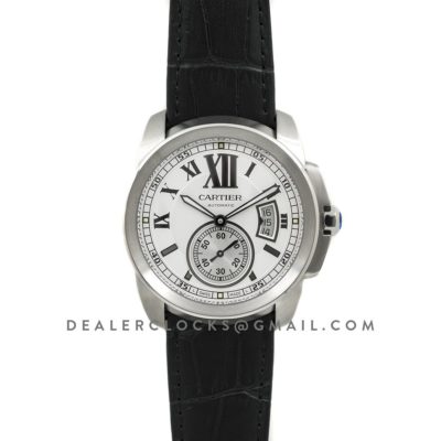 Calibre de Cartier White Dial on Black Leather Strap