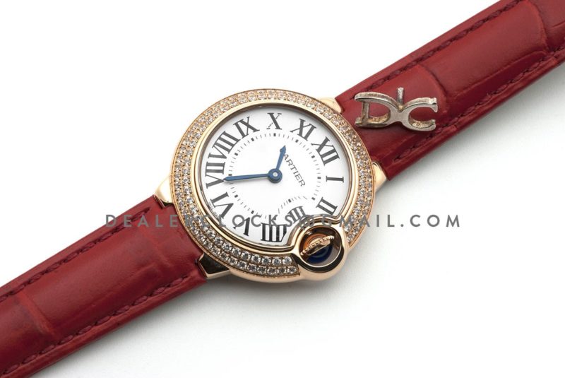 Ballon Bleu de Cartier 28mm White Dial in Gold with Diamonds on Red Leather Strap