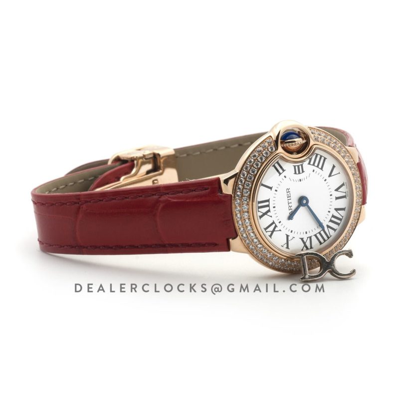 Ballon Bleu de Cartier 28mm White Dial in Gold with Diamonds on Red Leather Strap