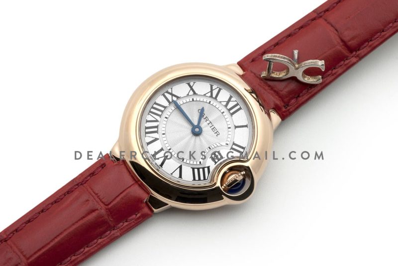 Ballon Bleu de Cartier 28mm White Dial in Gold on Red Leather Strap