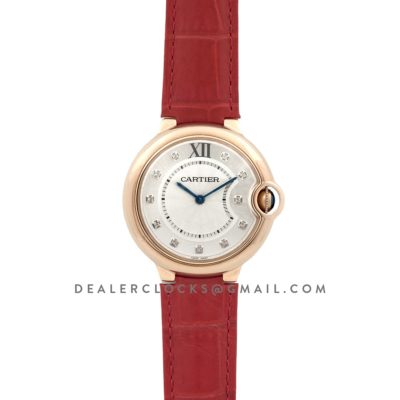 Ballon Bleu de Cartier 33mm White Dial in Rose Gold on Red Leather Strap