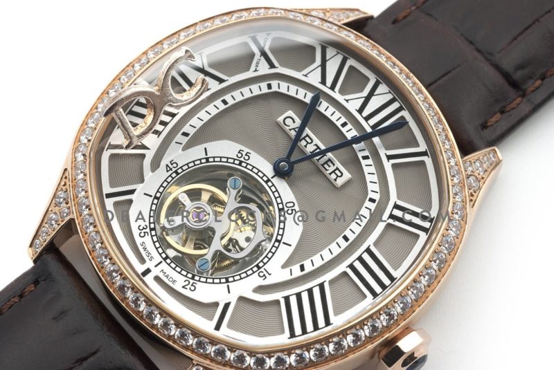 Drive de Cartier Tourbillon Grey Dial with Diamond Bezel in Rose Gold on Black Leather Strap