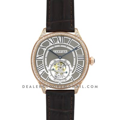 Drive de Cartier Tourbillon Grey Dial with Diamond Bezel in Rose Gold on Black Leather Strap