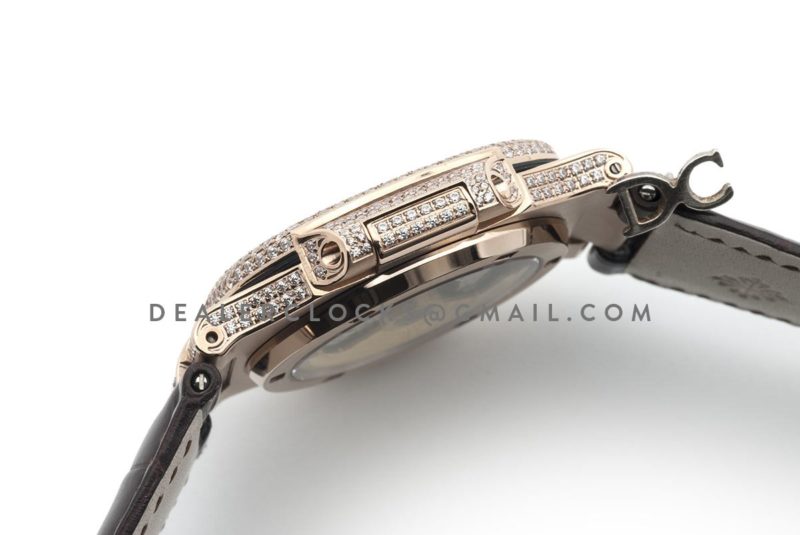 Nautilus Jumbo 5711 White Dial in Rose Gold with Paved Diamonds on Strap