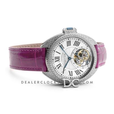 Cle de Cartier Tourbillon with Diamond Bezel in White Gold 35mm on Pink Leather Strap