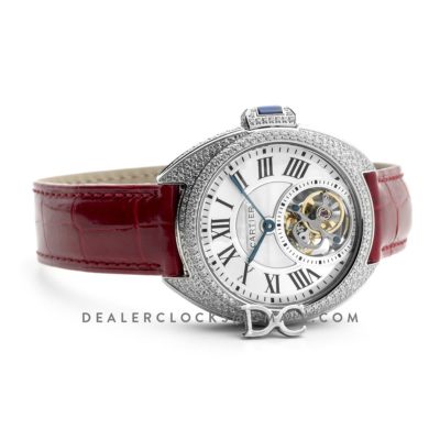 Cle de Cartier Tourbillon with Diamond Bezel in White Gold 35mm on Red Leather Strap