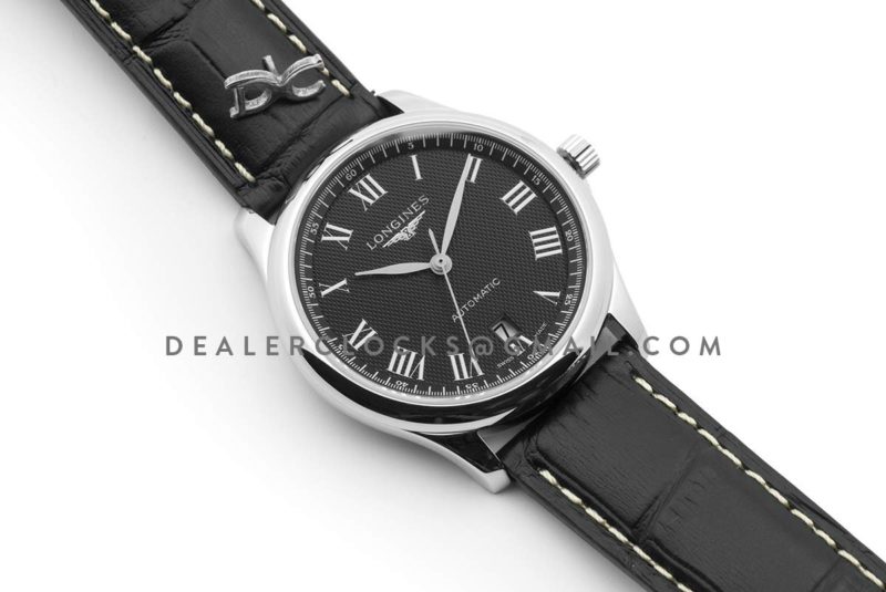 The Longines Master Collection Black Dial in Steel on Black Leather Strap