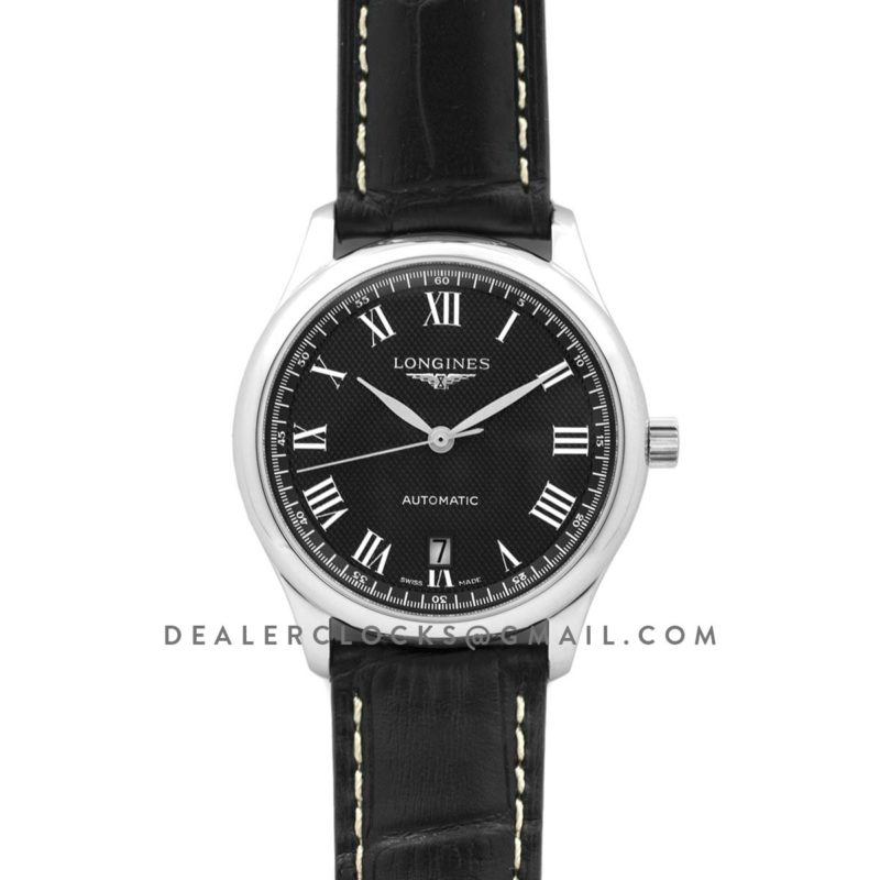 The Longines Master Collection Black Dial in Steel on Black Leather Strap