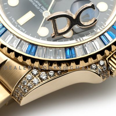 GMT Master II 116758SA Black Dial in Yellow Gold with Blue/White Paved Diamonds