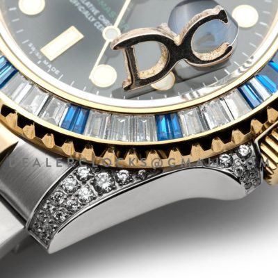 GMT Master II 116758SA Black Dial in Yellow Gold/Steel with Blue/White Paved Diamonds