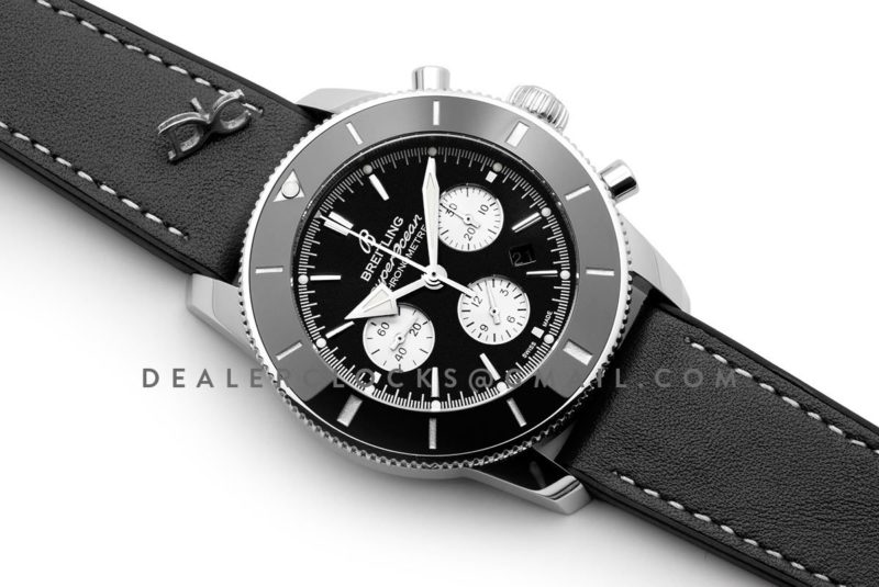 Superocean Heritage II B01 Chronograph in Black Dial on Steel on Black Leather Strap