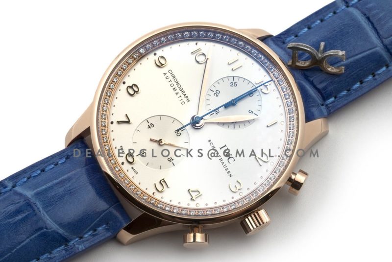 Portugieser Chronograph Automatic White Dial in Rose Gold on Blue Leather Strap