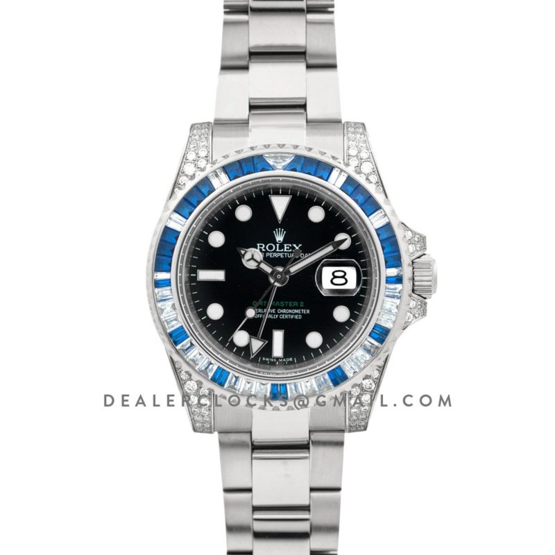 GMT Master II 116758SA Black Dial in Steel with Blue/White Paved Diamonds