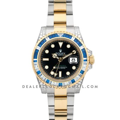 GMT Master II 116758SA Black Dial in Yellow Gold/Steel with Blue/White Paved Diamonds