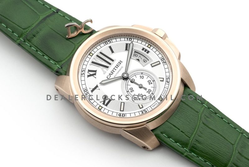 Calibre de Cartier  White Dial in Rose Gold on Green Leather Strap
