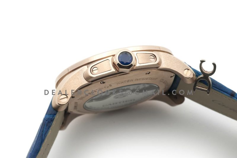Calibre de Cartier White Dial in Rose Gold on Blue Leather Strap