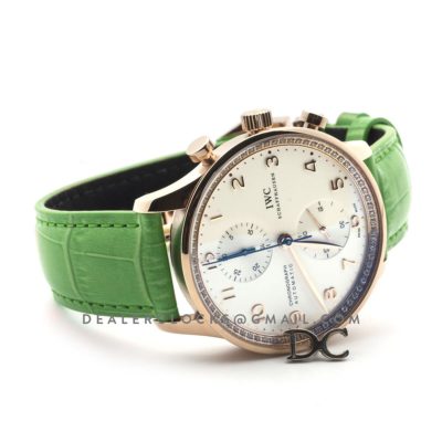Portugieser Chronograph Automatic White Dial in Rose Gold on Green Leather Strap