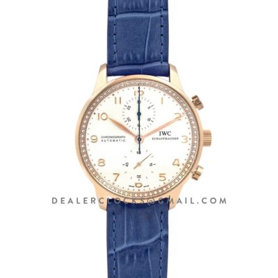 Portugieser Chronograph Automatic White Dial in Rose Gold on Blue Leather Strap