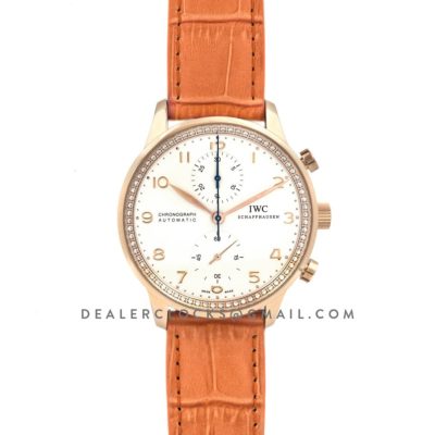 Portugieser Chronograph Automatic White Dial in Rose Gold on Orange Leather Strap