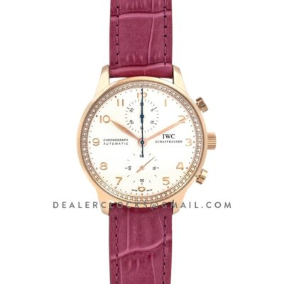 Portugieser Chronograph Automatic White Dial in Rose Gold on Purple Leather Strap