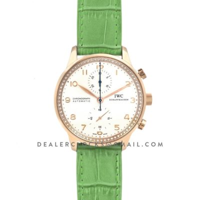 Portugieser Chronograph Automatic White Dial in Rose Gold on Green Leather Strap
