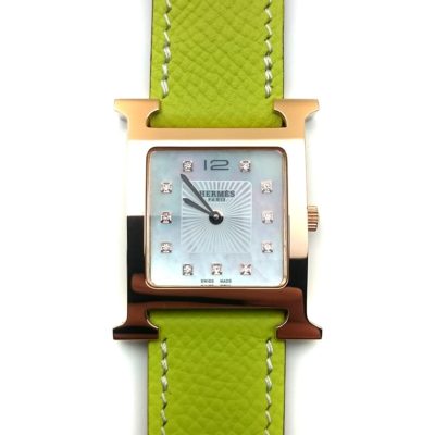 Heure H Rose Gold with Diamond Markers on Green Epsom Leather Strap