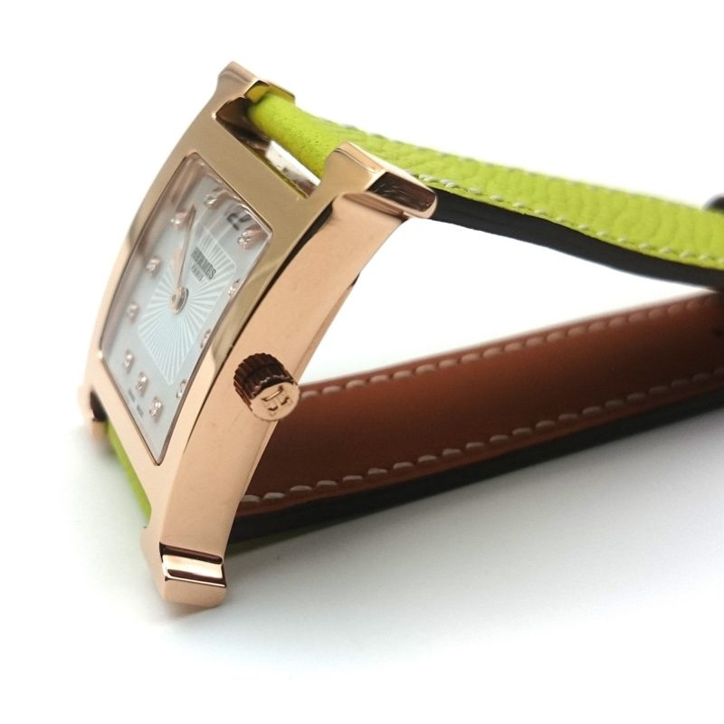 Heure H Rose Gold with Diamond Markers on Green Epsom Leather Strap