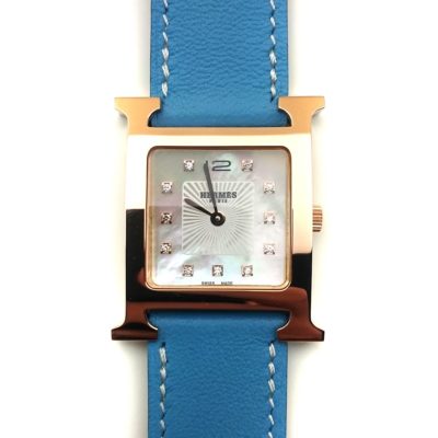 Heure H Rose Gold with Diamond Markers on Light Blue Fjord Leather Strap
