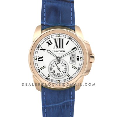 Calibre de Cartier White Dial in Rose Gold on Blue Leather Strap