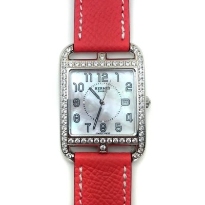 Cape Cod Steel with Diamond Bezel on Vermilion Epsom Leather Strap