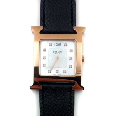 Heure H Rose Gold with Diamond Markers on Black Epsom Leather Strap
