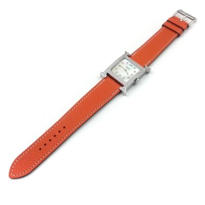 Heure H Steel with Diamond Bezel and Markers on Orange Epsom Leather Strap