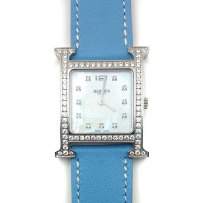 Heure H Steel with Diamond Bezel and Markers on Light Blue Fjord Leather Strap