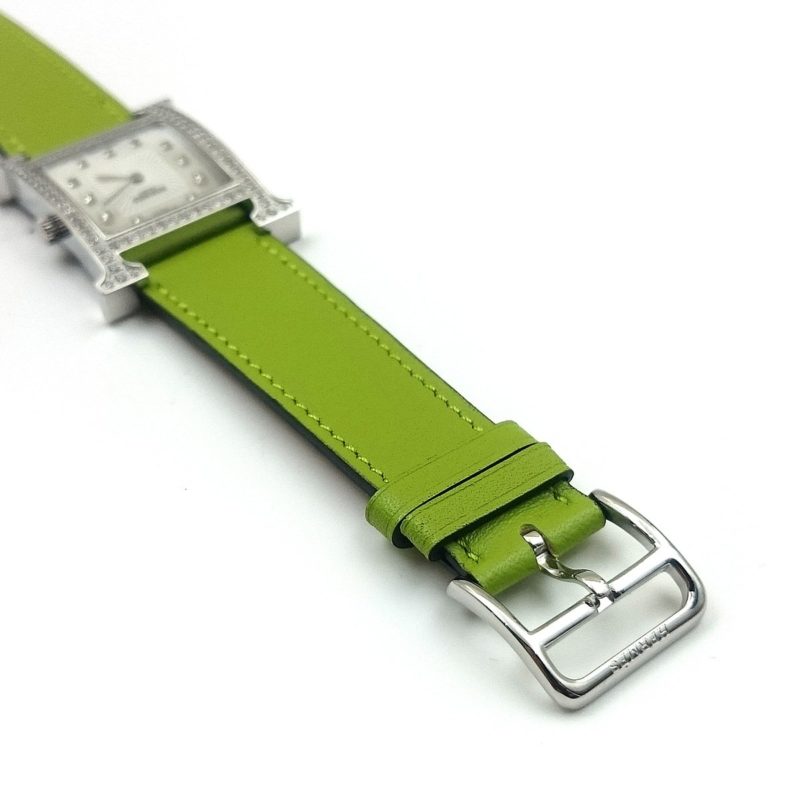 Heure H Steel with Diamond Bezel and Markers on Green Fjord Leather Strap