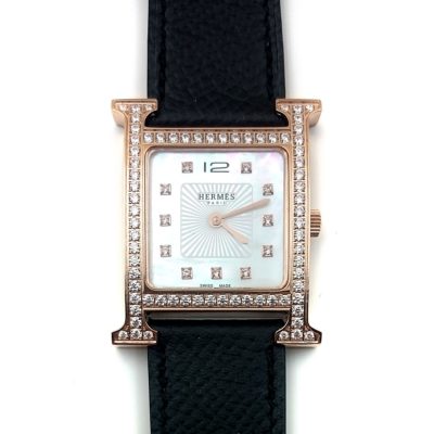 Heure H Rose Gold with Diamond Bezel and Markers on Black Epsom Leather Strap