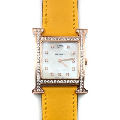 Heure H Rose Gold with Diamond Bezel and Markers on Yellow Fjord Leather Strap