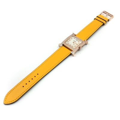 Heure H Rose Gold with Diamond Bezel and Markers on Yellow Fjord Leather Strap
