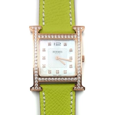 Heure H Rose Gold with Diamond Bezel and Markers on Green Epsom Leather Strap