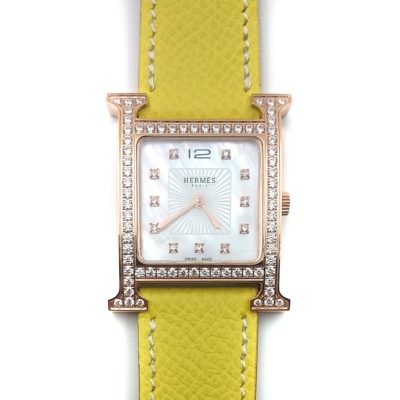 Heure H Rose Gold with Diamond Bezel and Markers on Yellow Epsom Leather Strap
