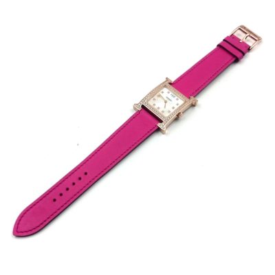 Heure H Rose Gold with Diamond Bezel and Markers on Pink Fjord Leather Strap