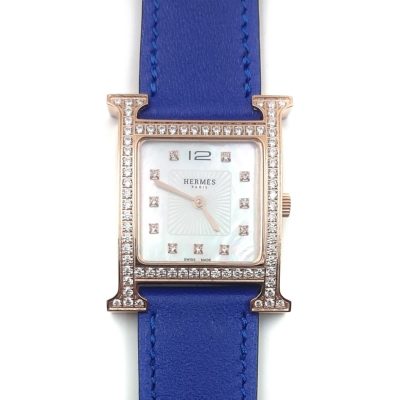 Heure H Rose Gold with Diamond Bezel and Markers on Blue Epsom Leather Strap