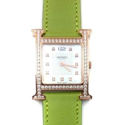 Heure H Rose Gold with Diamond Bezel and Markers on Green Fjord Leather Strap