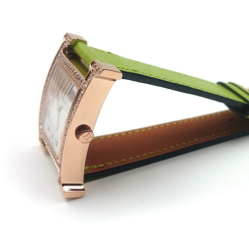 Heure H Rose Gold with Diamond Bezel and Markers on Green Fjord Leather Strap
