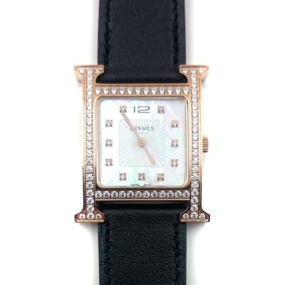 Heure H Rose Gold with Diamond Bezel and Markers on Black Fjord Leather Strap