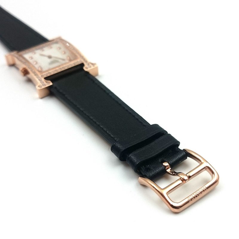 Heure H Rose Gold with Diamond Bezel and Markers on Black Fjord Leather Strap