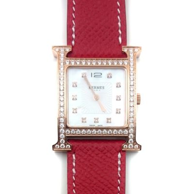 Heure H Rose Gold with Diamond Bezel and Markers on Red Epsom Leather Strap