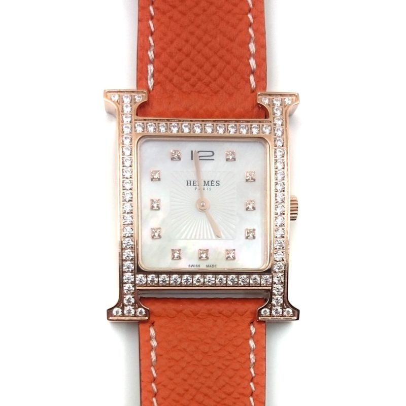 Heure H Rose Gold with Diamond Bezel and Markers on Orange Epsom Leather Strap