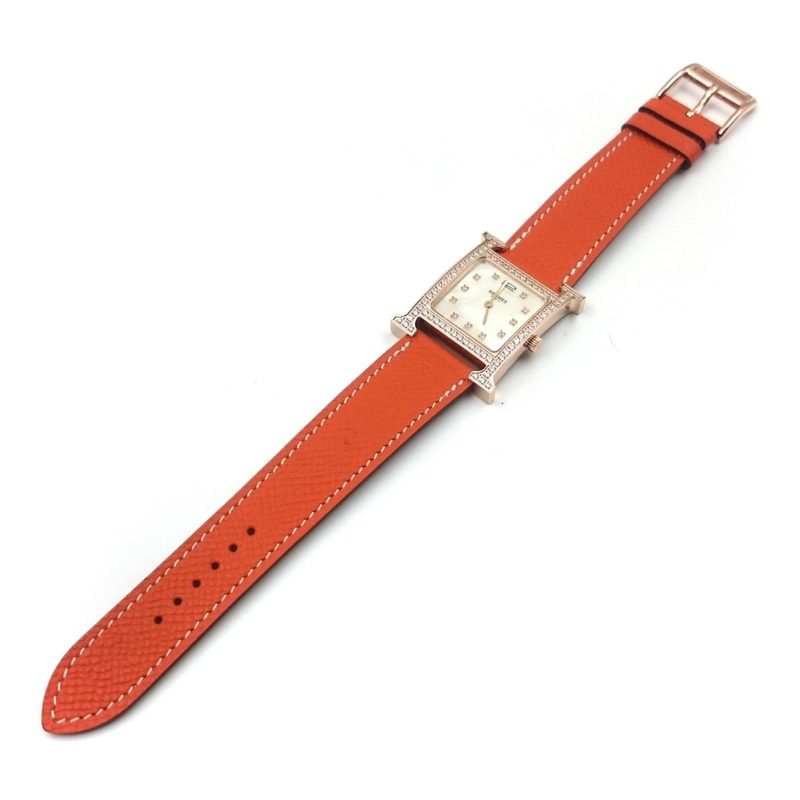 Heure H Rose Gold with Diamond Bezel and Markers on Orange Epsom Leather Strap