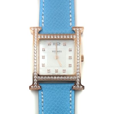 Heure H Rose Gold with Diamond Bezel and Markers on Light Blue Epsom Leather Strap
