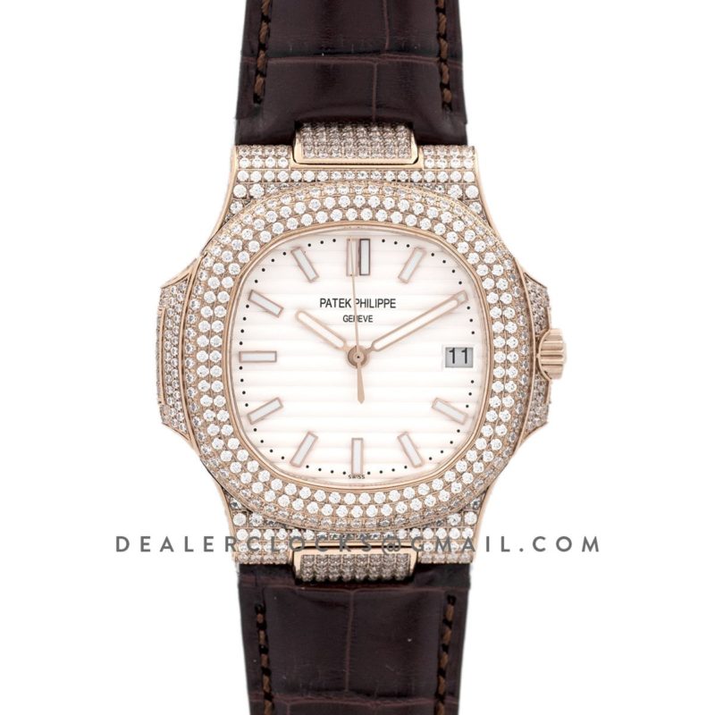 Nautilus Jumbo 5711 White Dial in Rose Gold with Paved Diamonds on Strap